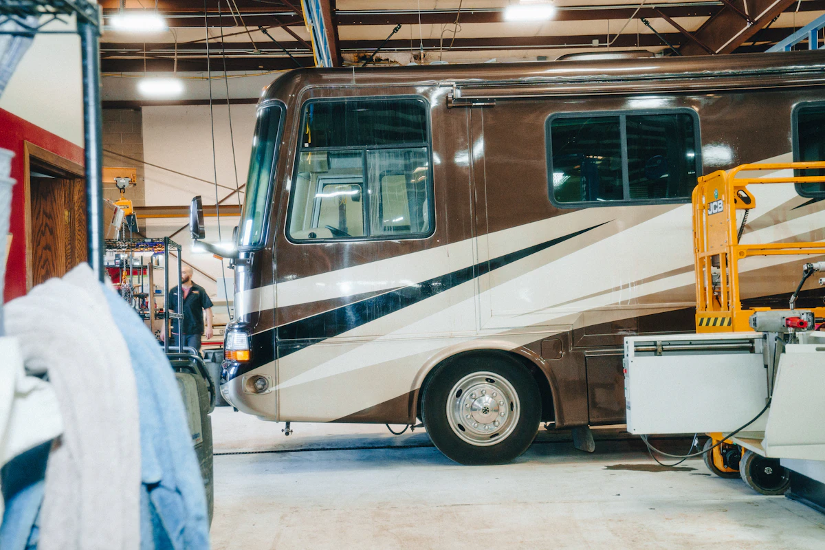 motorhome in a repair bay