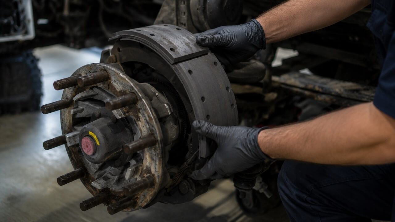 Brake service technician removing a commercial truck wheel in a heavy-duty repair shop.